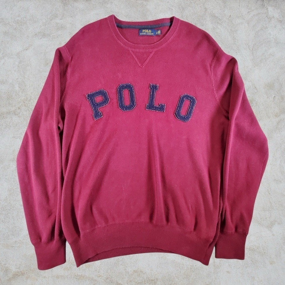 Polo by Ralph Lauren Sweater Mens Large Burgundy Red Arch Spellout Embroidered